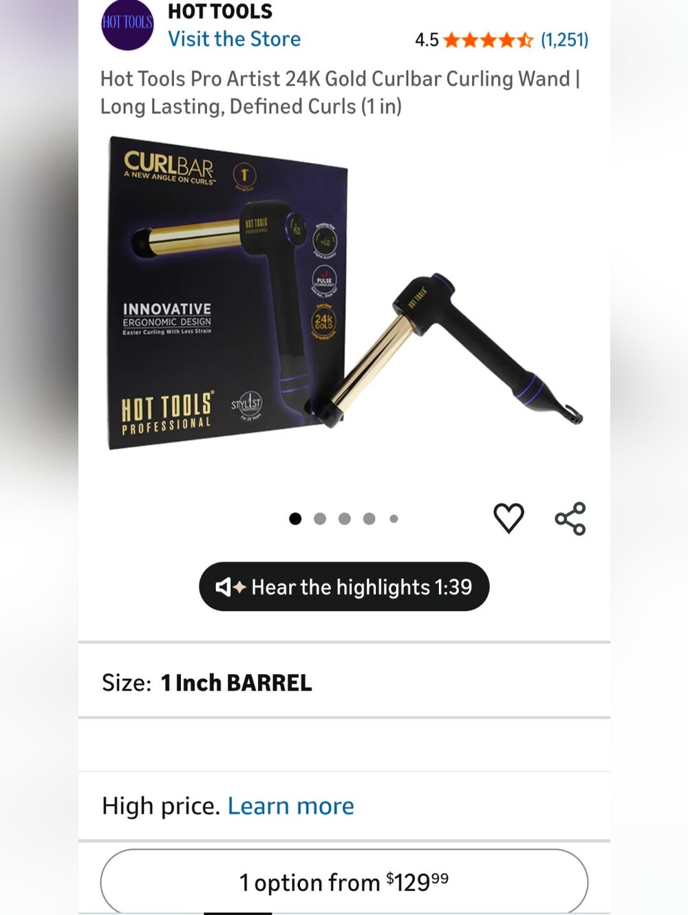 Hot Tools Curlbar 24K Gold 1" Curling Wand EUC